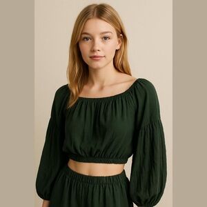 Emory Park Green Cropped Peasant Blouse Balloon Sleeve Boho Top Medium